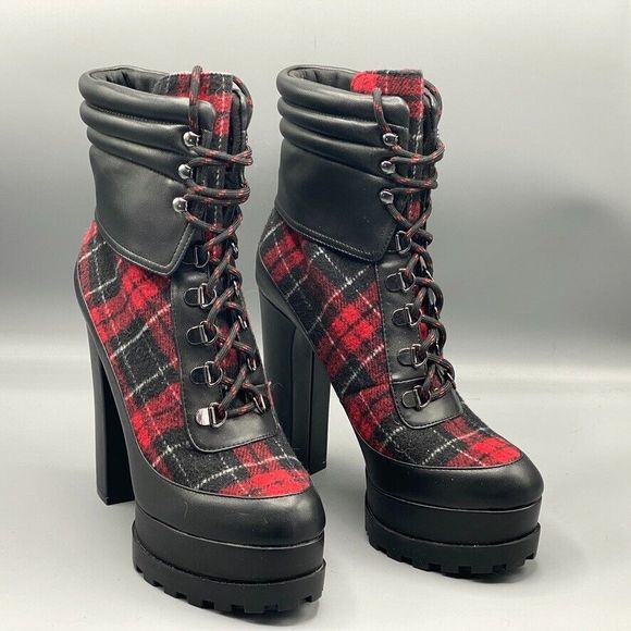 Jessica Simpson Boots  9 Red Black Tartan Plaid Platform Boots Edgy Hunter - Picture 2 of 11